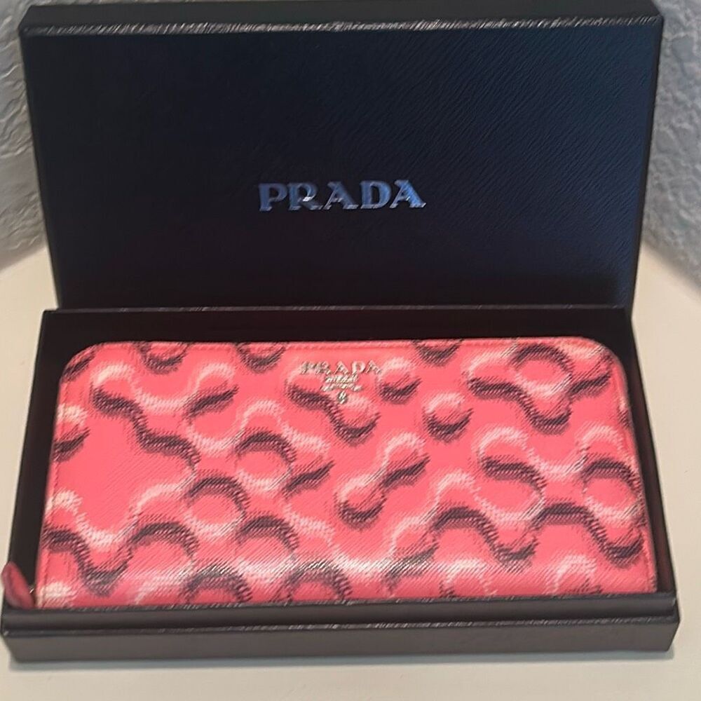 Prada Zip Around Long Wallet Pink Saffiano Leather Abstract Bold Maximalist Luxe